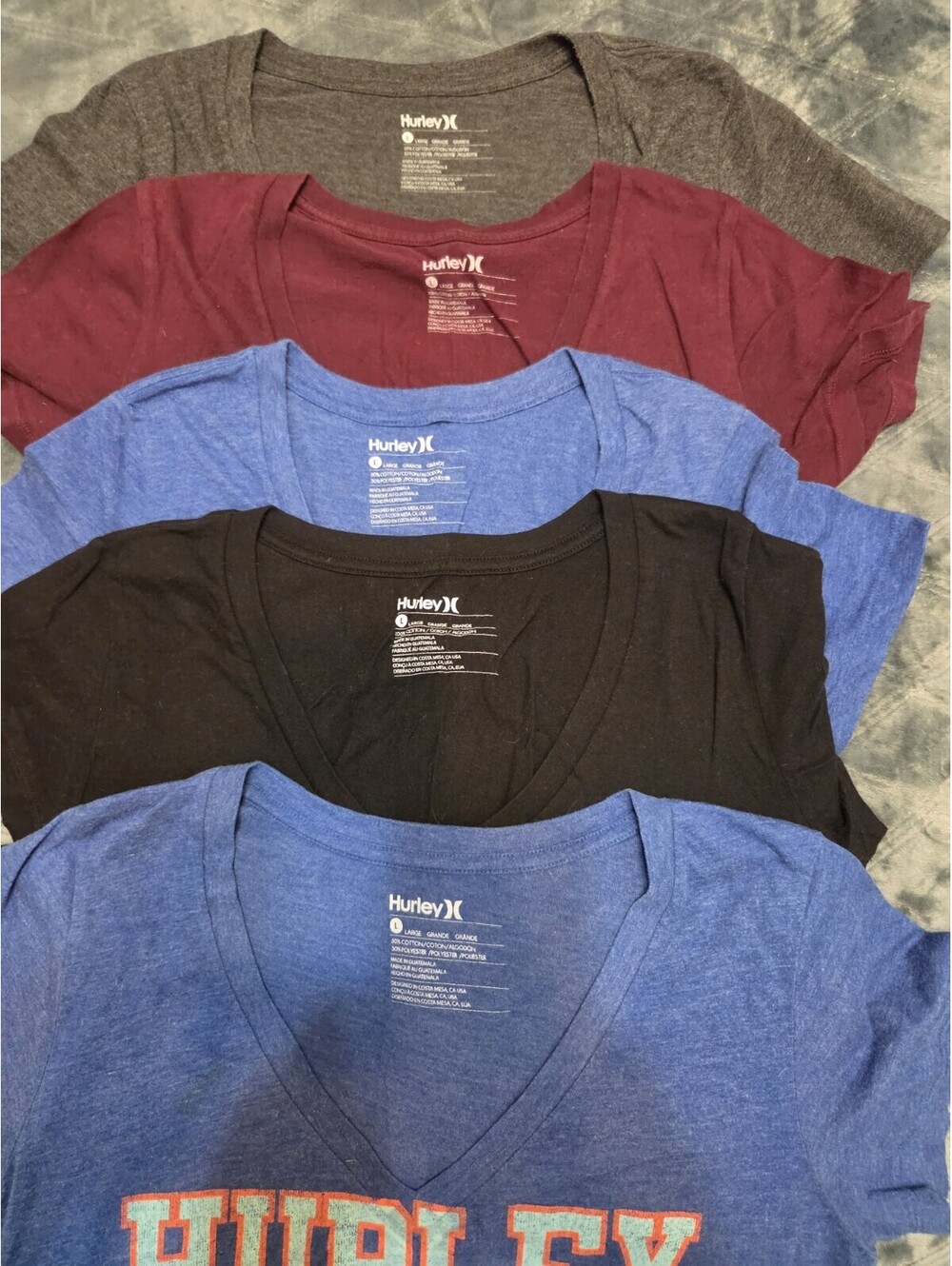 5 Lots Of  VTG Hurley WOMEN Blue,black,Grey,Red Sz L Short Sleeve V-Neck TShirt